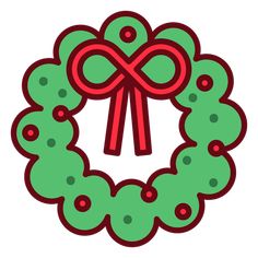 a green wreath with a red bow in the middle and dots around it on a white background