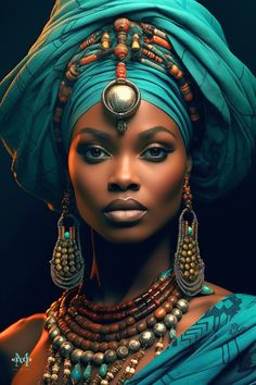 an african woman wearing a blue turban and jewelry