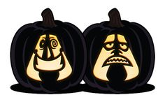 two pumpkins with faces carved into them, one is angry and the other is frowning