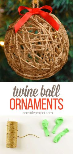 twine ball ornament hanging from a christmas tree