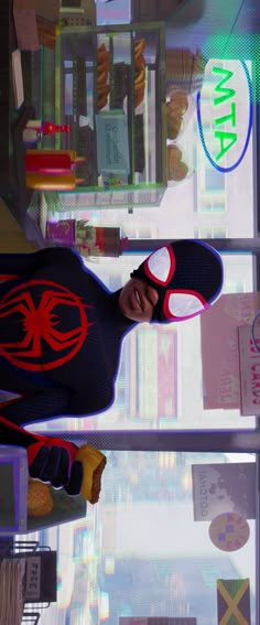 the animated spider - man is standing in front of a store window with his hands on his hips