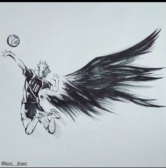 a drawing of a basketball player with his wings spread out to catch the ball in mid air