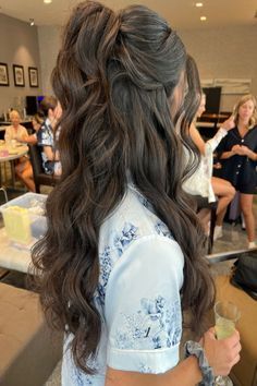 Mermaid Curls Wedding Hair, Long Beach Waves Wedding Hairstyles, Beach Waves Hairstyles Half Up, Hair Inspo For Bridesmaid, Updo Beach Hairstyles, Beach Waves Bride Hair, Wavy Hairstyles For Long Hair Half Up, Beach Waves Hair Wedding Bridesmaid, Bridesmaid Hairstyles With Clip In Extensions