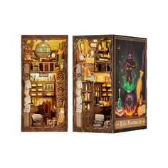 the book is opened to reveal an image of a wizard's cupboard with items inside