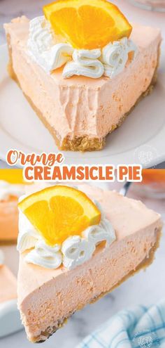 there is a slice of orange creamsicle pie on the plate