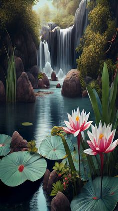 a painting of water lilies in front of a waterfall