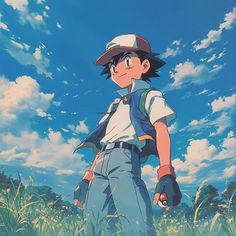 an anime character standing in the grass with his hand on his hip and wearing a baseball cap