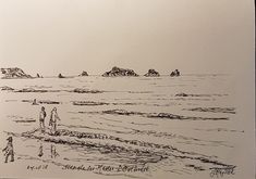 a drawing of two people walking on the beach near an island in the ocean with rocks