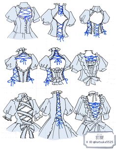 the instructions for how to draw an anime cosplay dress with blue ribbon ties