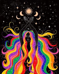 a drawing of a woman with long hair and stars in the sky above her head