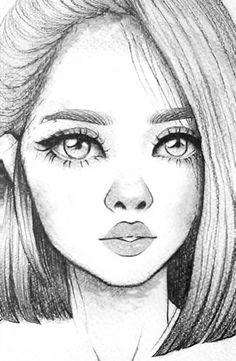 a pencil drawing of a girl with long hair and big eyes, looking straight ahead