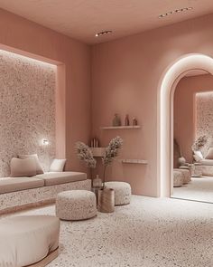 a living room filled with lots of furniture next to a wall covered in pink paint