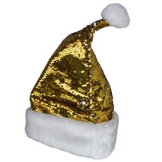 a gold sequin santa hat with white pom - pom on the brim