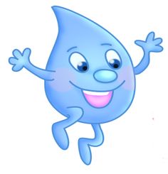 a cartoon blue water drop with its arms and legs spread out, smiling at the camera