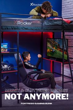 a young boy sitting on top of a bunk bed next to a computer desk and tv