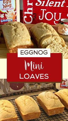 eggnog mini loaves are sitting on a cooling rack next to some cookies