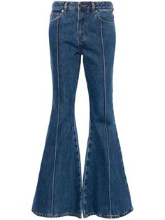 indigo blue cotton washed denim flared design seam detailing belt loops classic five pockets front button and zip fastening Flared Jeans 70s, Royal Blue Jeans, Making Outfits, Blue Flared Jeans, 70s Jeans, Jeans Flared, Fantasy Wardrobe