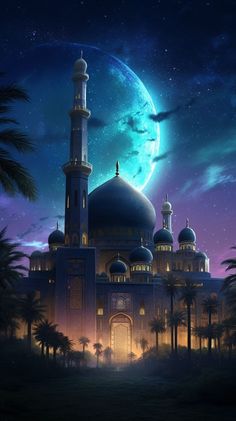 an artistic painting of a mosque at night