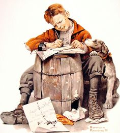 a drawing of a boy sitting on top of a barrel writing