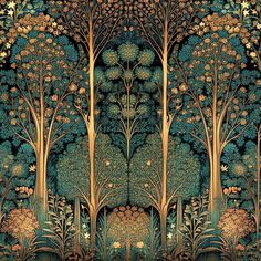 an intricately designed wallpaper with trees and flowers in gold, green, and blue