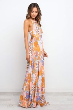 Newell Dress - Orange - Petal & Pup USA Flare Dresses, Split Long Dress, Open Neck, Halter Maxi, Halter Maxi Dresses, Sleeveless Maxi Dress, Boho Floral, Floral Maxi, Stunning Dresses