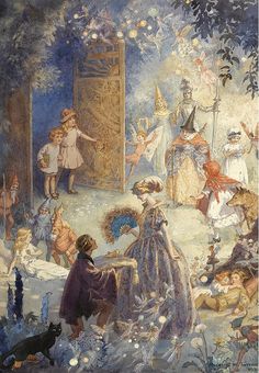 a painting of children dressed up in costumes playing with an animal and other people standing around