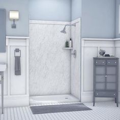 a bathroom with blue walls and white tile flooring has a shower, sink, and toilet