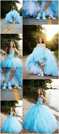 several pictures of a woman in a blue dress