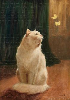 a white cat sitting on top of a wooden floor next to a green curtain and butterfly