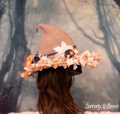 Unique, handmade, witch hat! Featuring a whimsical Halloween design with a cottage core/country feel with tied cloth trim, embellished blue velvet pumpkins, crystal beads and florals, this eye-catching hat is sure to add that special touch to your costume, witchy vibe, and everyday flair!  Attention to all the little details makes this hat special. Comfortable to wear and a definite eye-catching design!  Hat is made of a slight stretchy knit blend that is soft, breathable and lightweight. One si Hat Cottagecore, Handmade Witch Hat, Pumpkin Witch Hat, Witch Hat Halloween, Horn Headband, Whimsical Halloween, Velvet Pumpkins, Witch Outfit, Pumpkin Witch