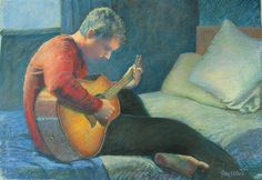 a drawing of a man sitting on a bed playing a guitar