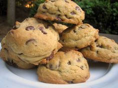 a pile of cookies sitting on top of a white plate in front of trees and bushes