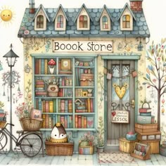 a painting of a book store with lots of books on the shelves and various items in baskets