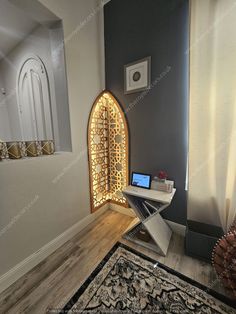 a room with a mirror, desk and rug