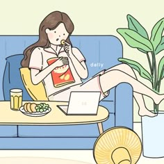 a woman sitting on a blue couch eating food and using her laptop while holding a drink