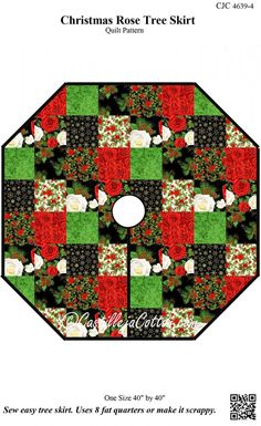 the christmas rose tree skirt pattern is shown in red, green and black squares with white flowers