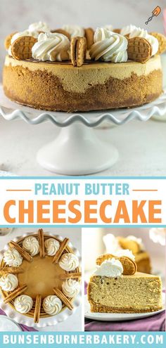 peanut butter cheesecake recipe on a white cake platter with the title above it