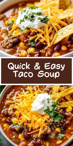 two bowls filled with taco soup and tortilla chips