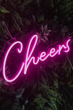 a neon sign that says cheers in front of some plants and leaves on the wall