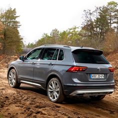 the rear end of a grey volkswagen tigua driving on a dirt road with trees in the background