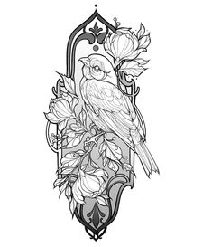 a black and white drawing of a bird sitting on a branch with flowers in the background