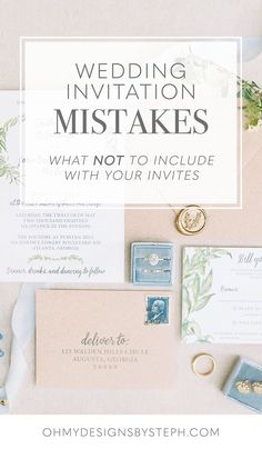 the wedding stationery is laid out on top of an envelope and some other items