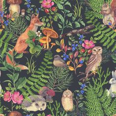 an animal themed wallpaper with many different types of animals and plants on it's surface