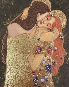 a painting of two people hugging each other with gold and blue flowers on their hair