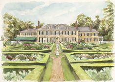 a watercolor painting of a large house in the middle of a garden