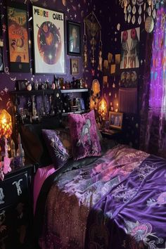 Ethereal and mystical whimsy goth bedroom decor ideas, showcasing captivating lighting and decor for a complete space transformation. Whimsical Gothic Bedroom, Whimsigothic Furniture, Hippie Goth Bedroom, 90s Whimsigoth Aesthetic Room, Whimsigoth Room Aesthetic, Purple Whimsigoth Bedroom, Magic Room Aesthetic, Whimsy Goth House Decor, Purple Black Bedroom