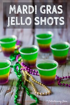 Mardi Gras Jello Shots Mardi Gras Party Food, Brazil Party, Mardi Gras Drinks, Jello Shooters, Best Jello Shots, Jello Shots Vodka, Jello Shots Recipe, Mardi Gras Party Decorations, Green Jello