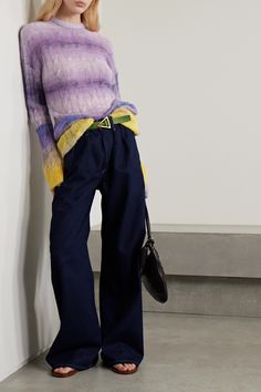 Marco de Vincenzo's era at Etro is being defined by his confident use of color and keen eye for pattern. Made with touches of alpaca and mohair, this sweater is knitted in a fine cable stitch for a delicate and slightly sheer handle. The harmonious colors are like a glowing sunset as they fade from purple to yellow and blue. Cable Stitch, Knitting Ideas, Yellow And Blue, Women Collection, Cable Knit, Style Guides, Alpaca, Knit Sweater, Luxury Design