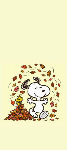 a drawing of a cartoon dog standing next to a pile of leaves and falling leaves