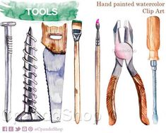 watercolor and ink drawing tools displayed on white paper with green banner above it that says tools hand painted watercolor clip art